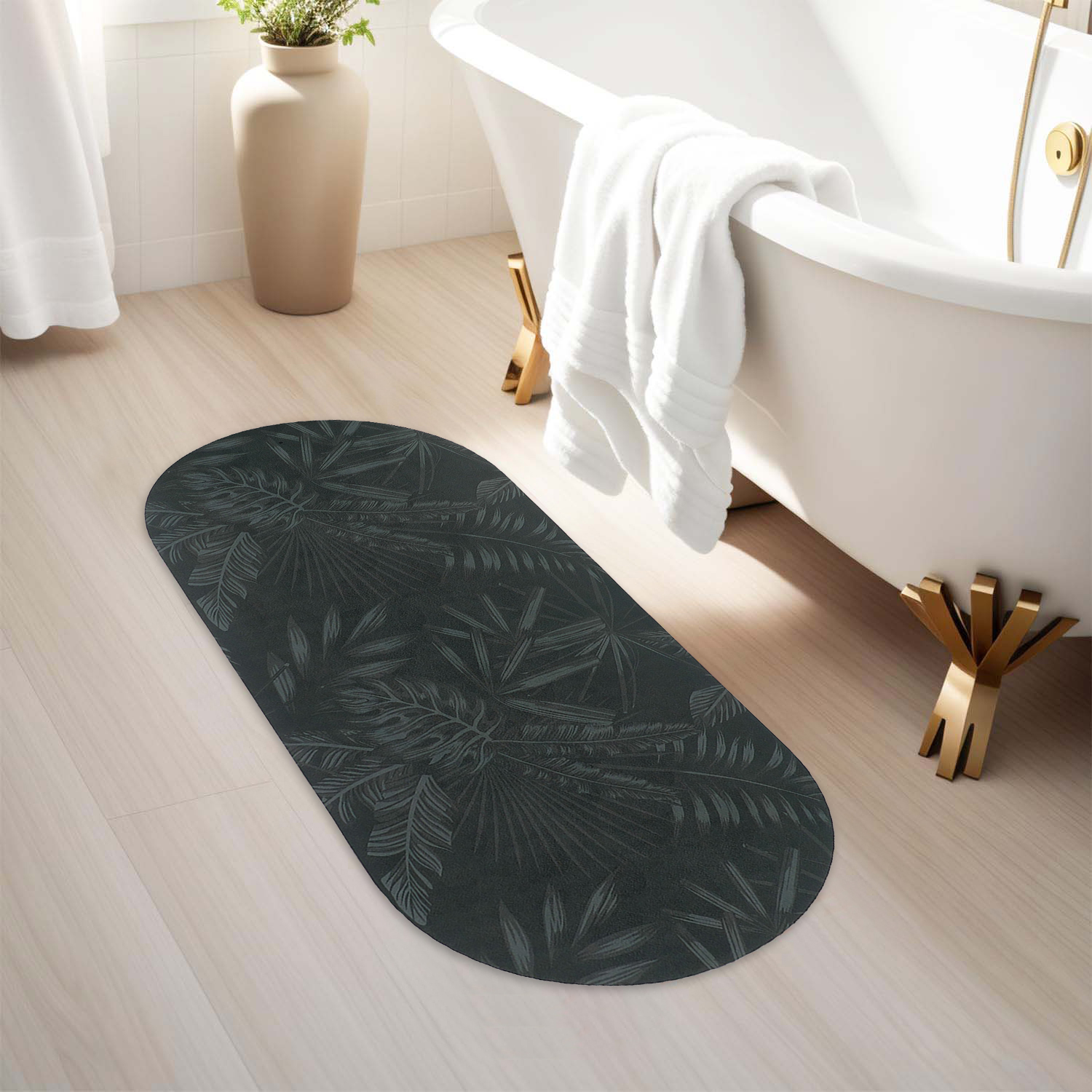 Dark green oval runner mat placed beside bathtub in a modern bathroom, showcasing dramatic tropical ambiance