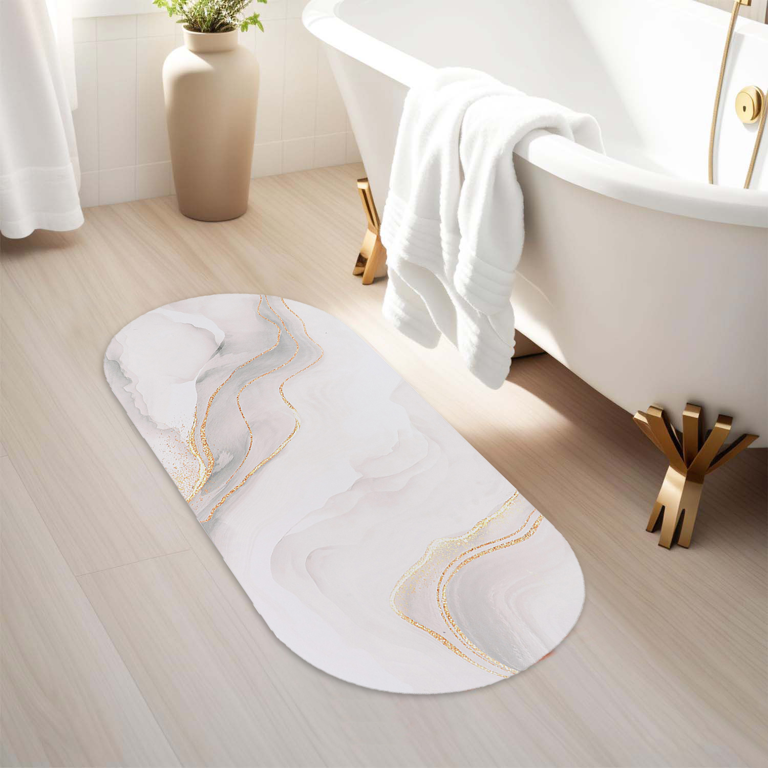 Marble-patterned oval runner mat beside bathtub in a bright bathroom, adding subtle luxury to the floor