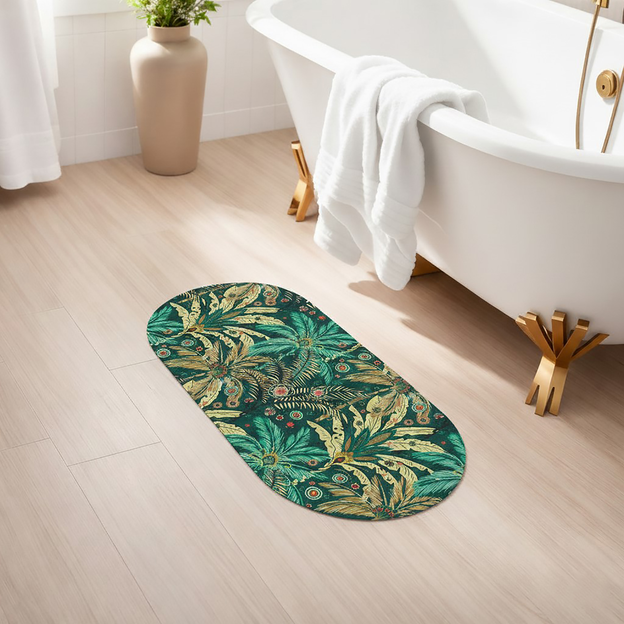 Jungle Bloom oval runner mat beside tub, adding colorful tropical flair to a neutral bathroom