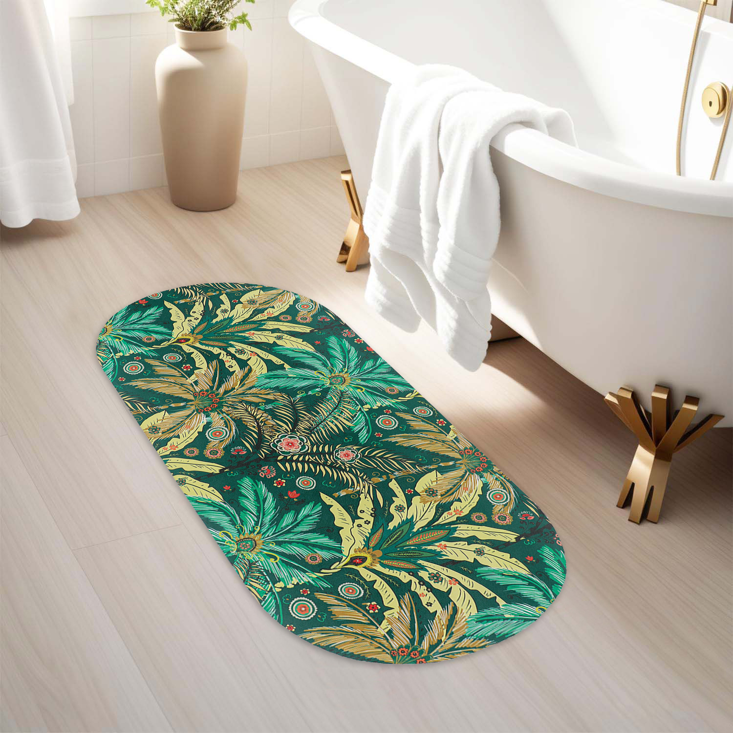 Jungle Bloom oval runner mat beside tub, adding colorful tropical flair to a neutral bathroom