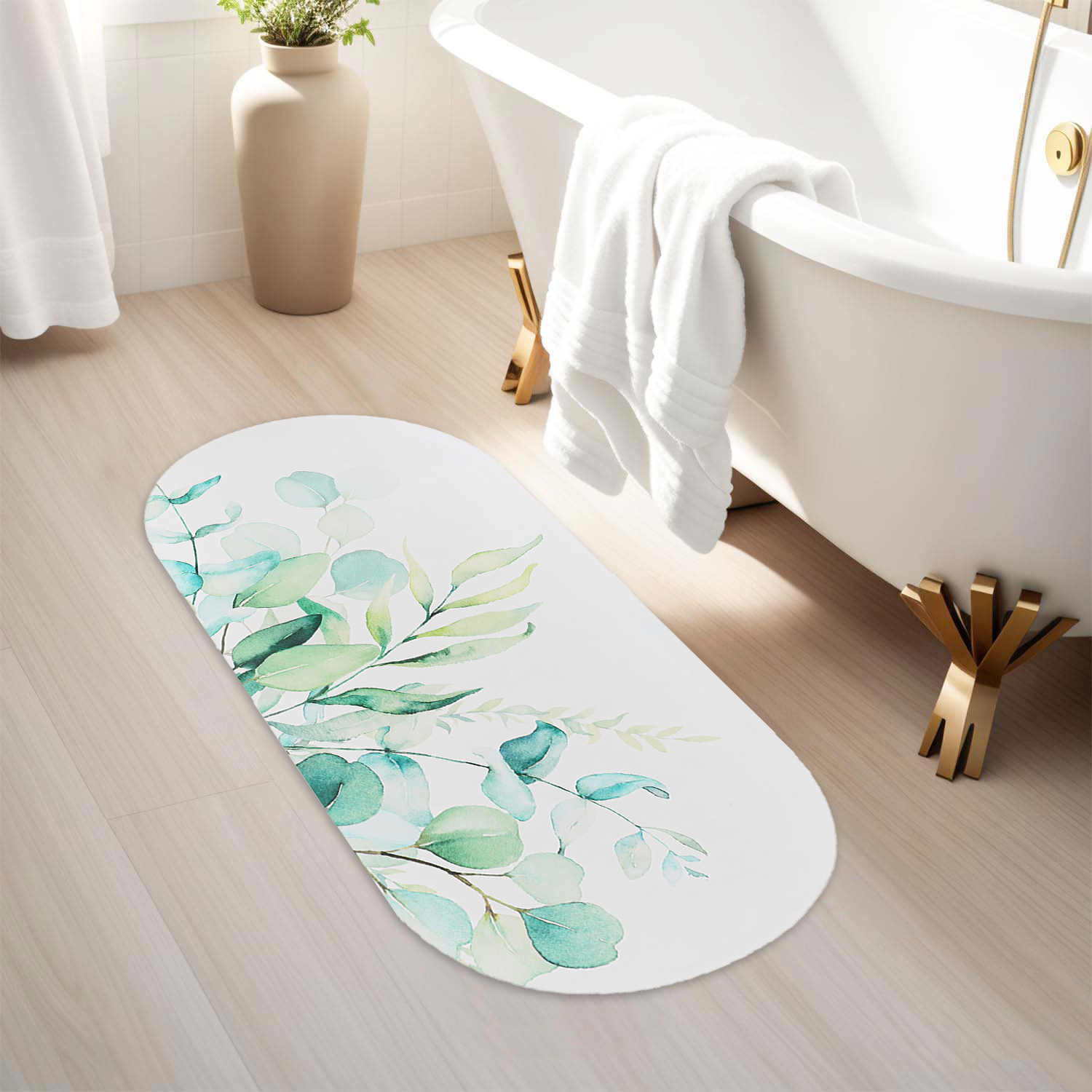Eucalyptus Mist oval mat beside tub in a sunlit bathroom, adding a clean and airy botanical accent