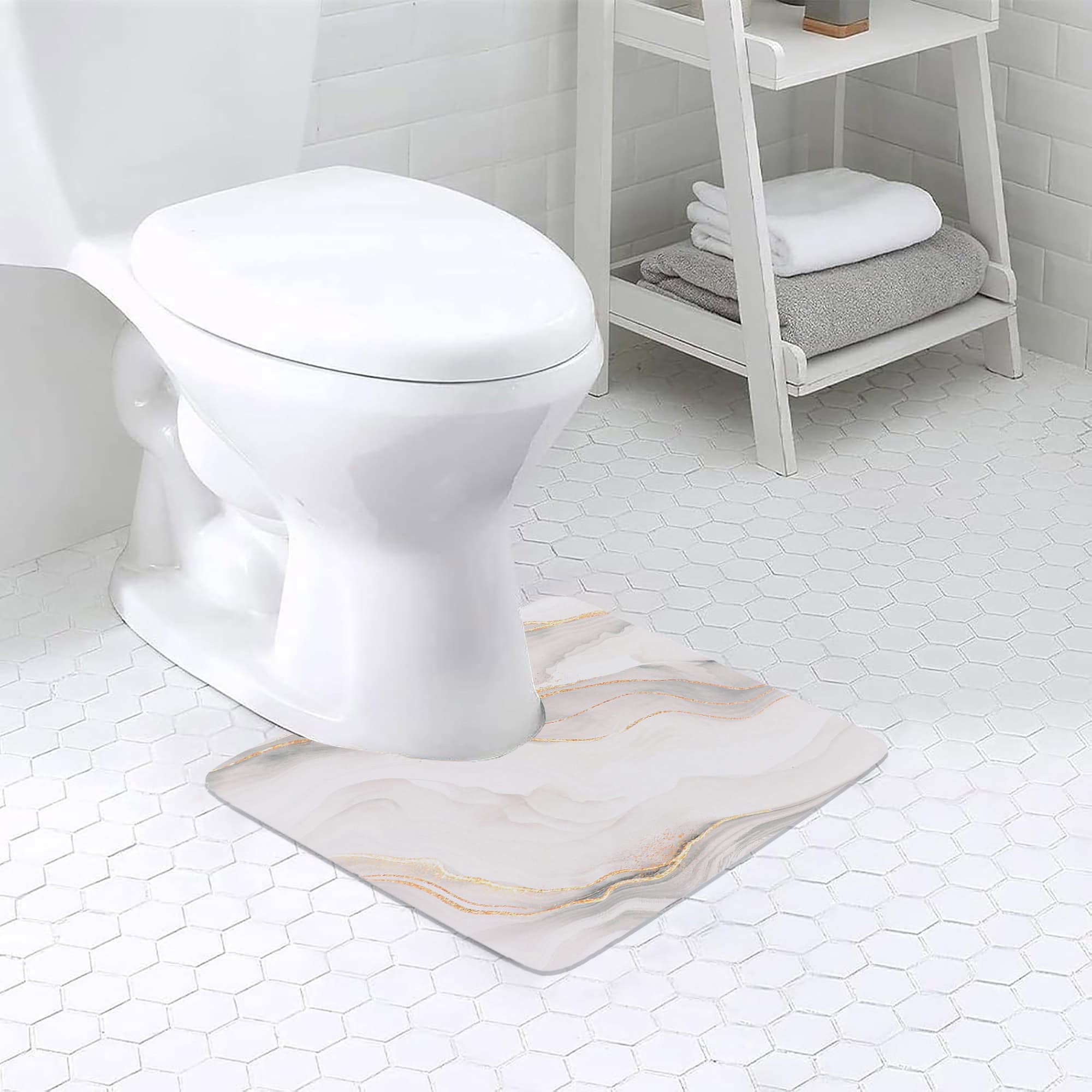 Marble Vein contour mat around base of toilet on tiled floor, adding a touch of elegance to the space