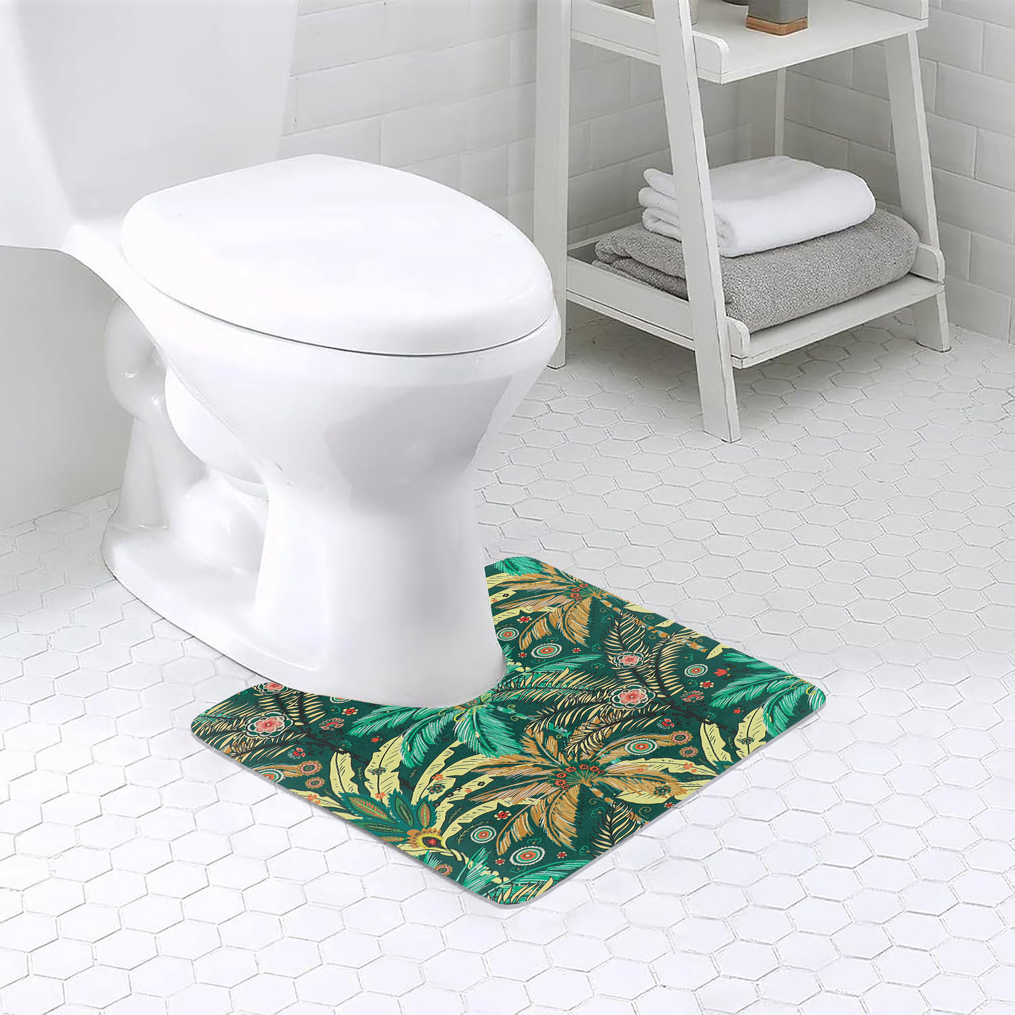 Jungle Bloom contour mat placed around toilet on white tile, bringing a lively botanical element to decor
