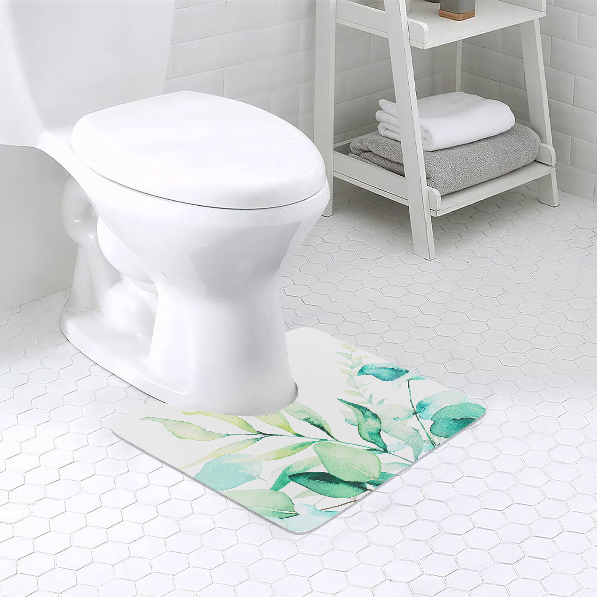 Eucalyptus Mist contour mat placed under toilet in a bright bathroom for a refreshing botanical touch