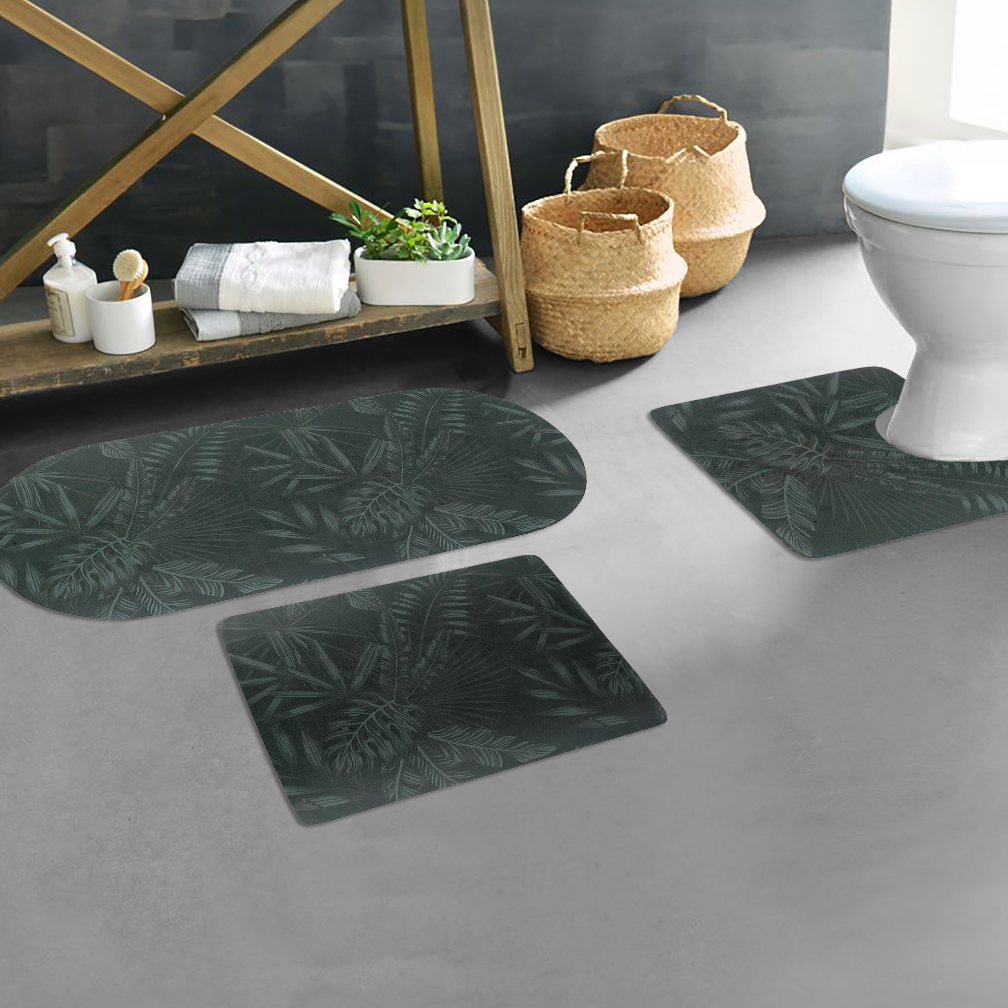 Tropical Night bath mat set placed around tub, toilet, and shower in a bold, plant-themed bathroom