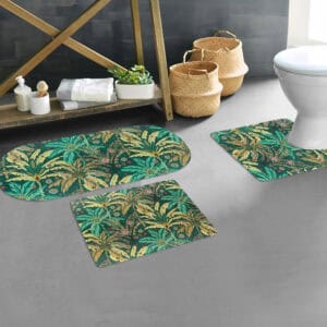 Jungle Bloom mat set styled in bathroom, with runner, standard, and contour mats placed throughout