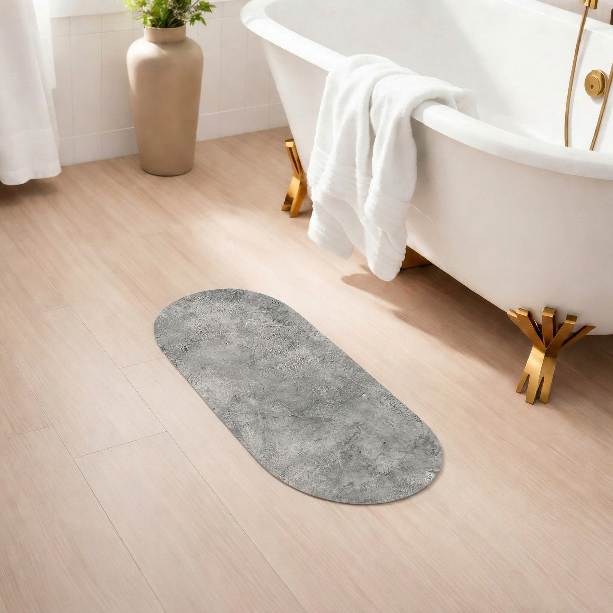 Urban Concrete bath mat runner in spa bathroom with clawfoot tub and gold accents