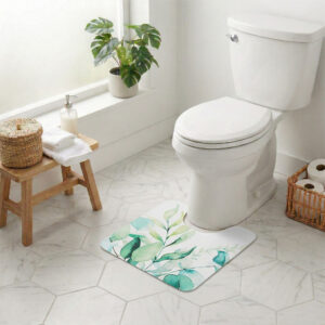 Eucalyptus Mist contour bath rug 20x18 — calming green & white botanical U-shaped toilet mat. Non-slip, quick dry, spa-inspired style.