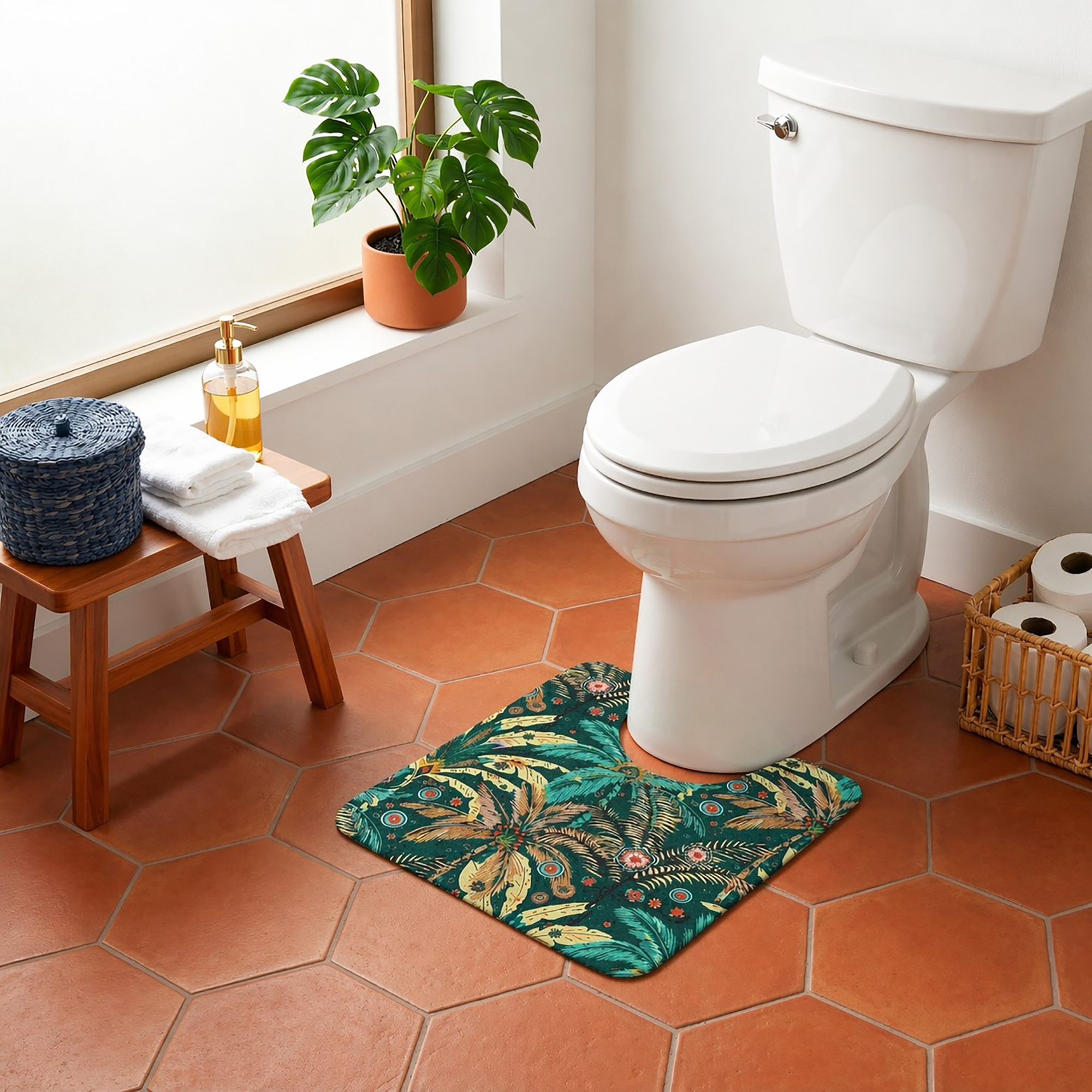Jungle Bloom contour mat styled around toilet in bright bathroom with monstera plant and wicker accents