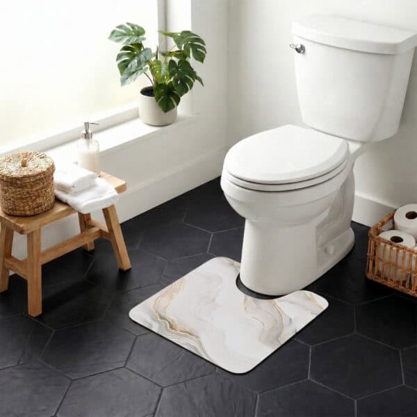 Marble Vein contour mat styled around toilet in bright bathroom with monstera plant and wicker accents