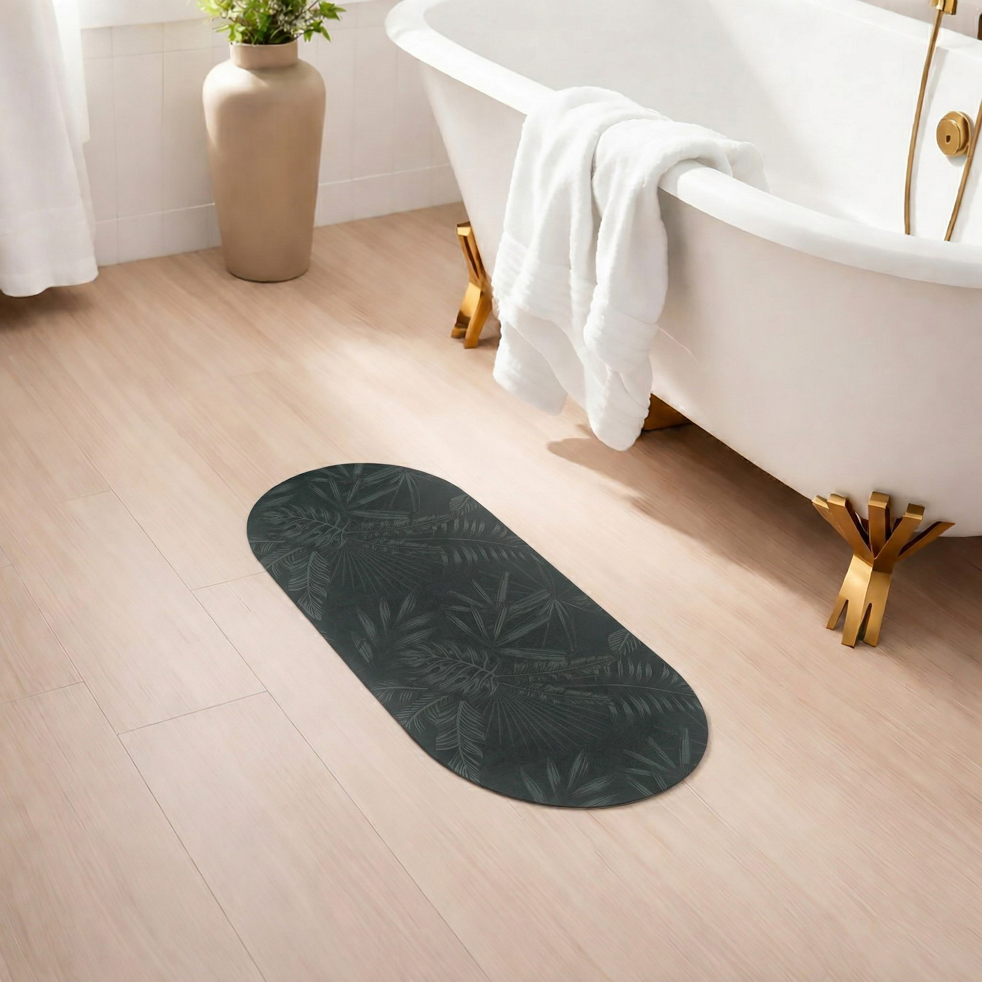 Tropical Night bath mat runner in spa bathroom with clawfoot tub and gold accents