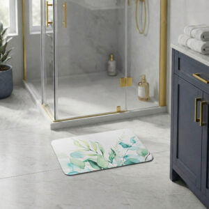 Eucalyptus Mist bath mat in modern bathroom with glass shower and navy vanity