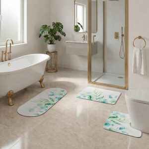 Eucalyptus Mist 3-piece bath mat set styled in luxury bathroom with clawfoot tub, gold fixtures, and walk-in shower
