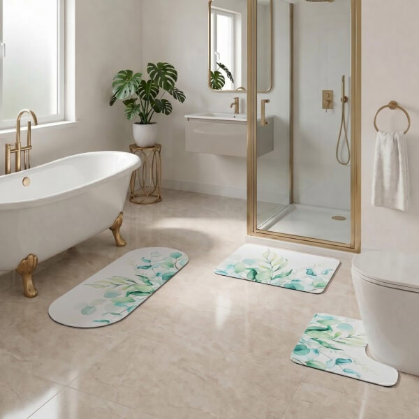 Eucalyptus Mist 3-piece bath mat set styled in luxury bathroom with clawfoot tub, gold fixtures, and walk-in shower