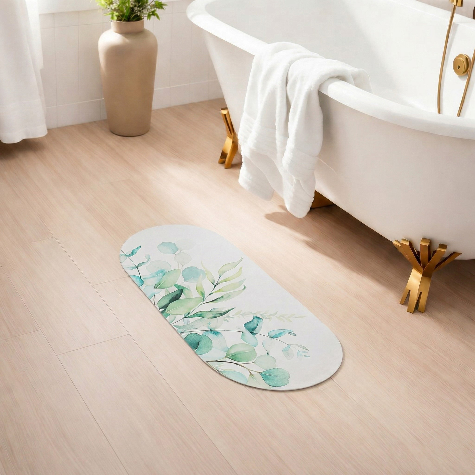 Eucalyptus Mist bath mat runner in spa bathroom with clawfoot tub and gold accents