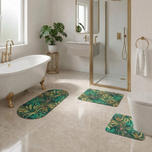 Jungle Bloom 3-piece bath mat set styled in luxury bathroom with clawfoot tub, gold fixtures, and walk-in shower