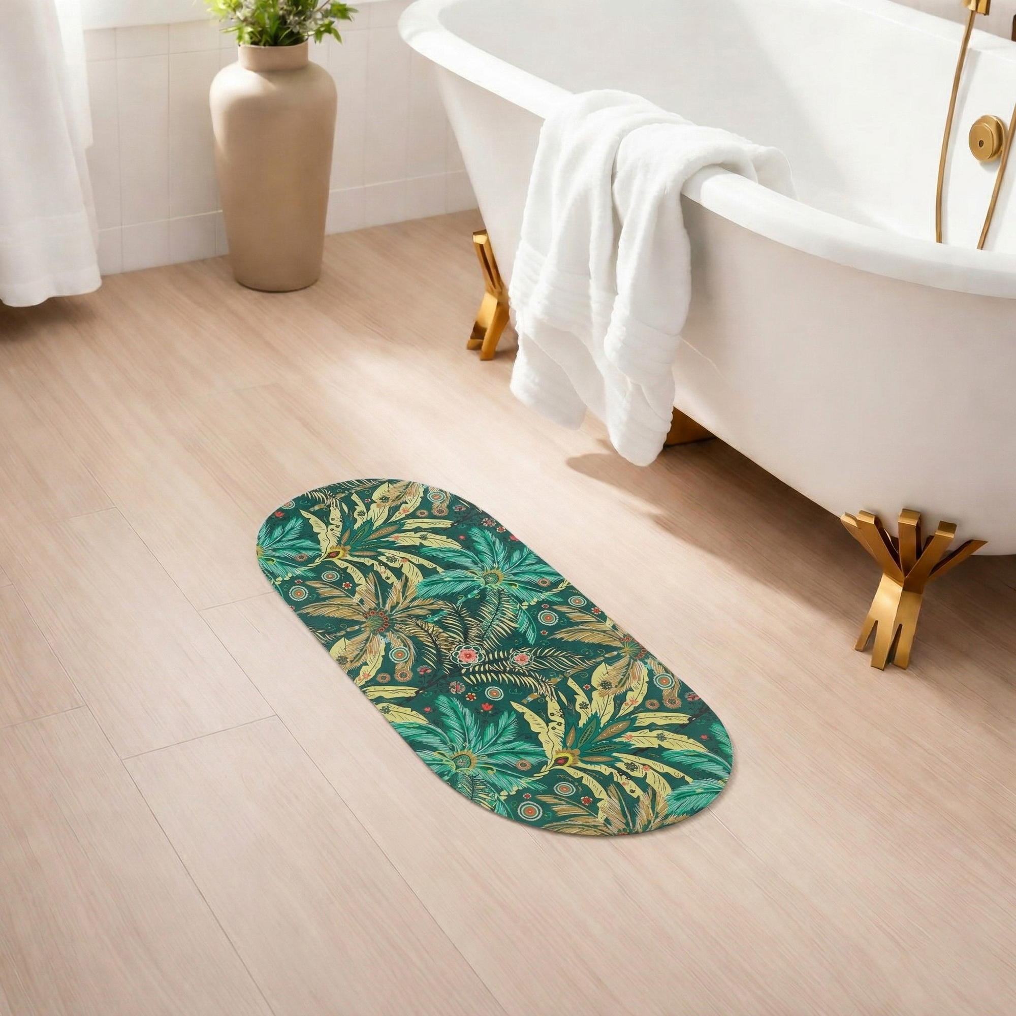 Jungle Bloom bath mat runner in spa bathroom with clawfoot tub and gold accents