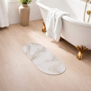 Marble Vein bath mat runner in spa bathroom with clawfoot tub and gold accents