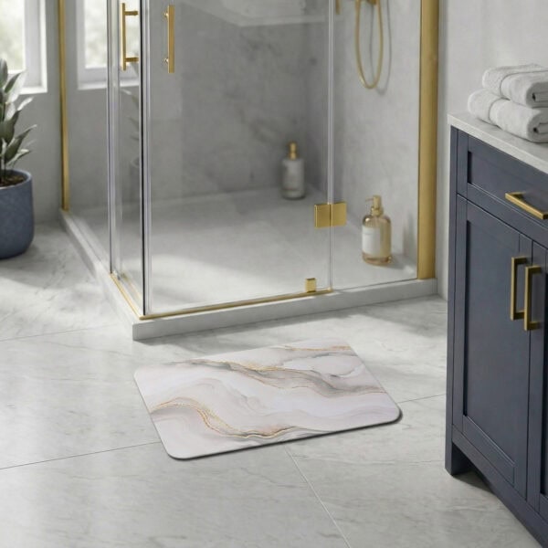 Marble Vein bath mat in modern bathroom with glass shower and navy vanity