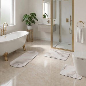 Marble Vein 3-piece bath mat set styled in luxury bathroom with clawfoot tub, gold fixtures, and walk-in shower