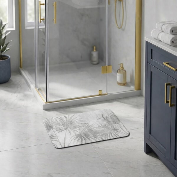 Palm Breeze bath mat in modern bathroom with glass shower and navy vanity