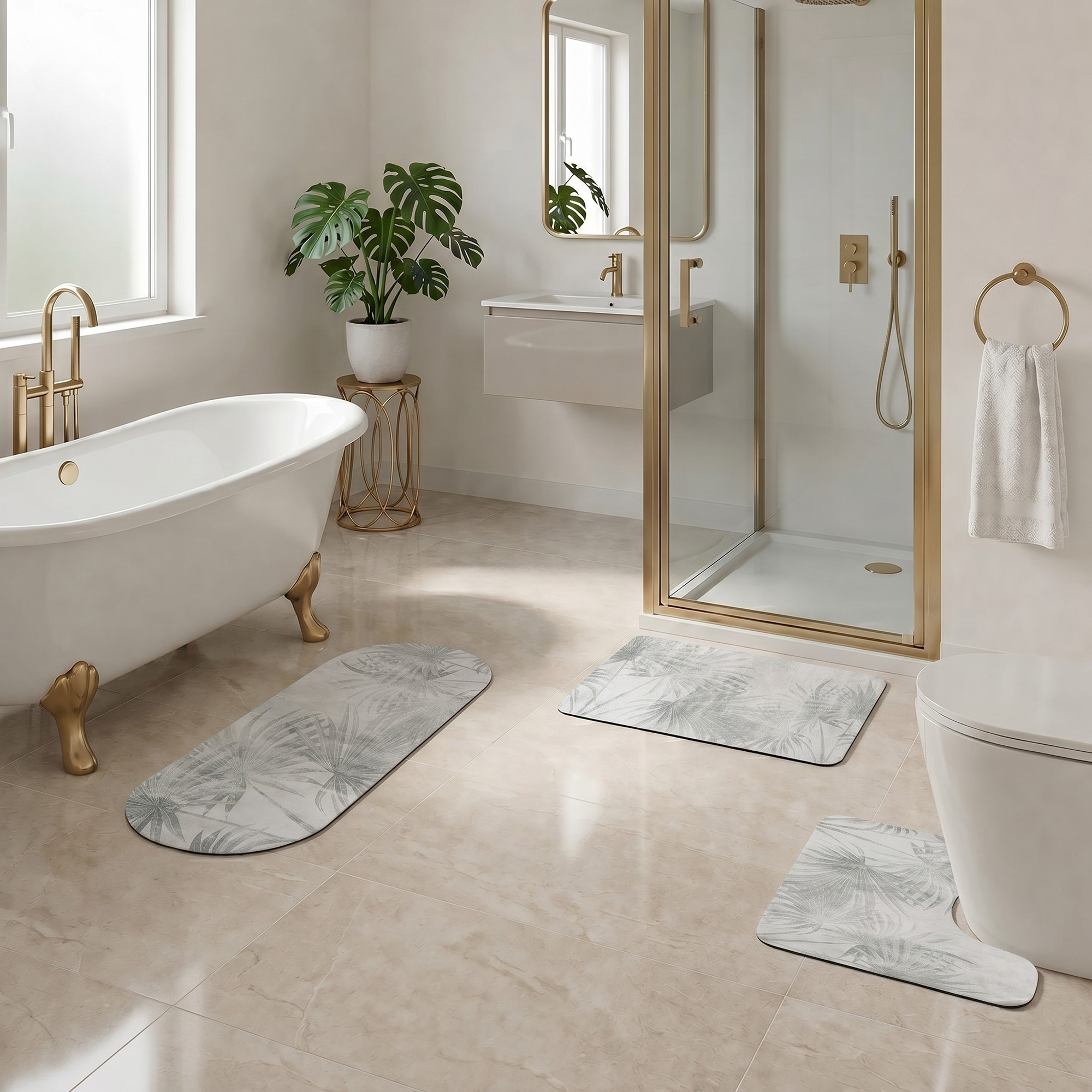 Palm Breeze 3-piece bath mat set styled in luxury bathroom with clawfoot tub, gold fixtures, and walk-in shower