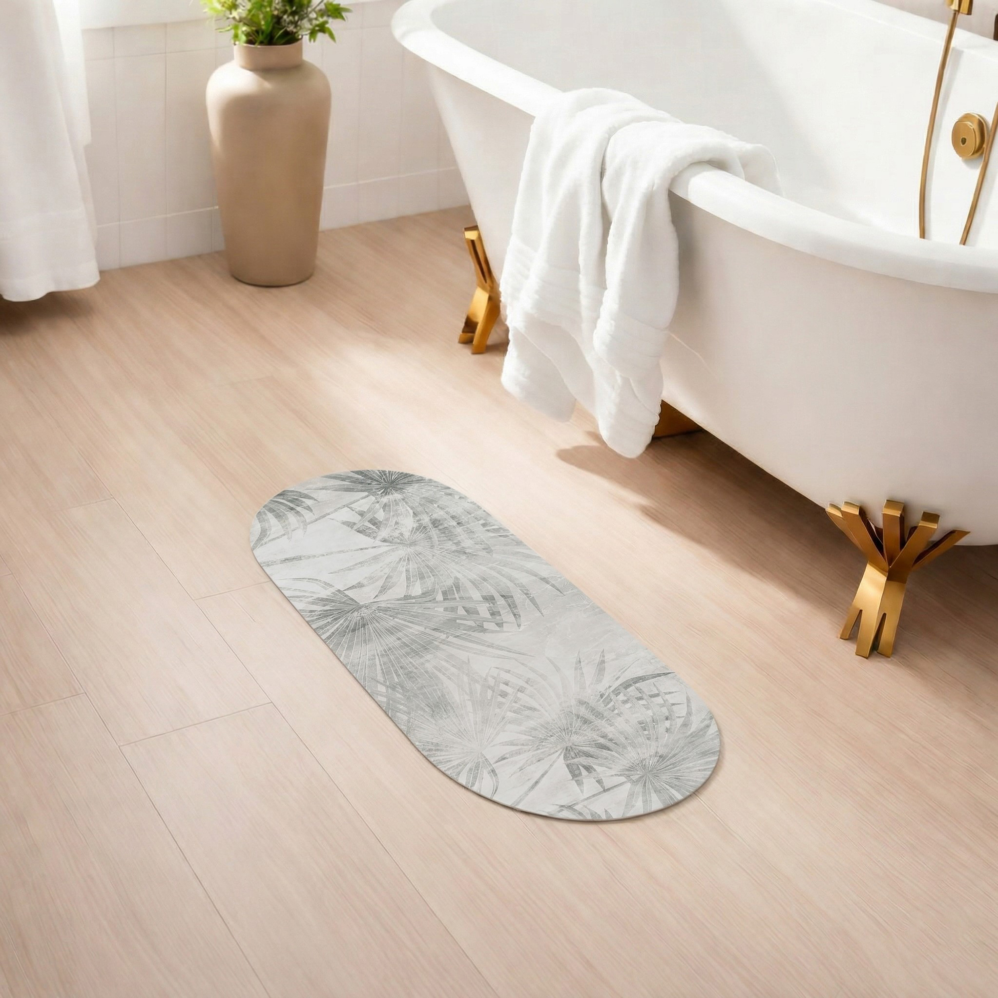 Palm Breeze bath mat runner in spa bathroom with clawfoot tub and gold accents