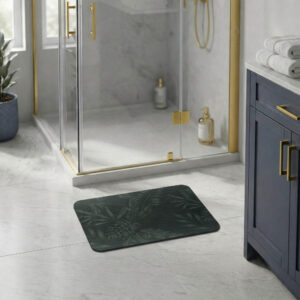 Tropical Night bath mat in modern bathroom with glass shower and navy vanity