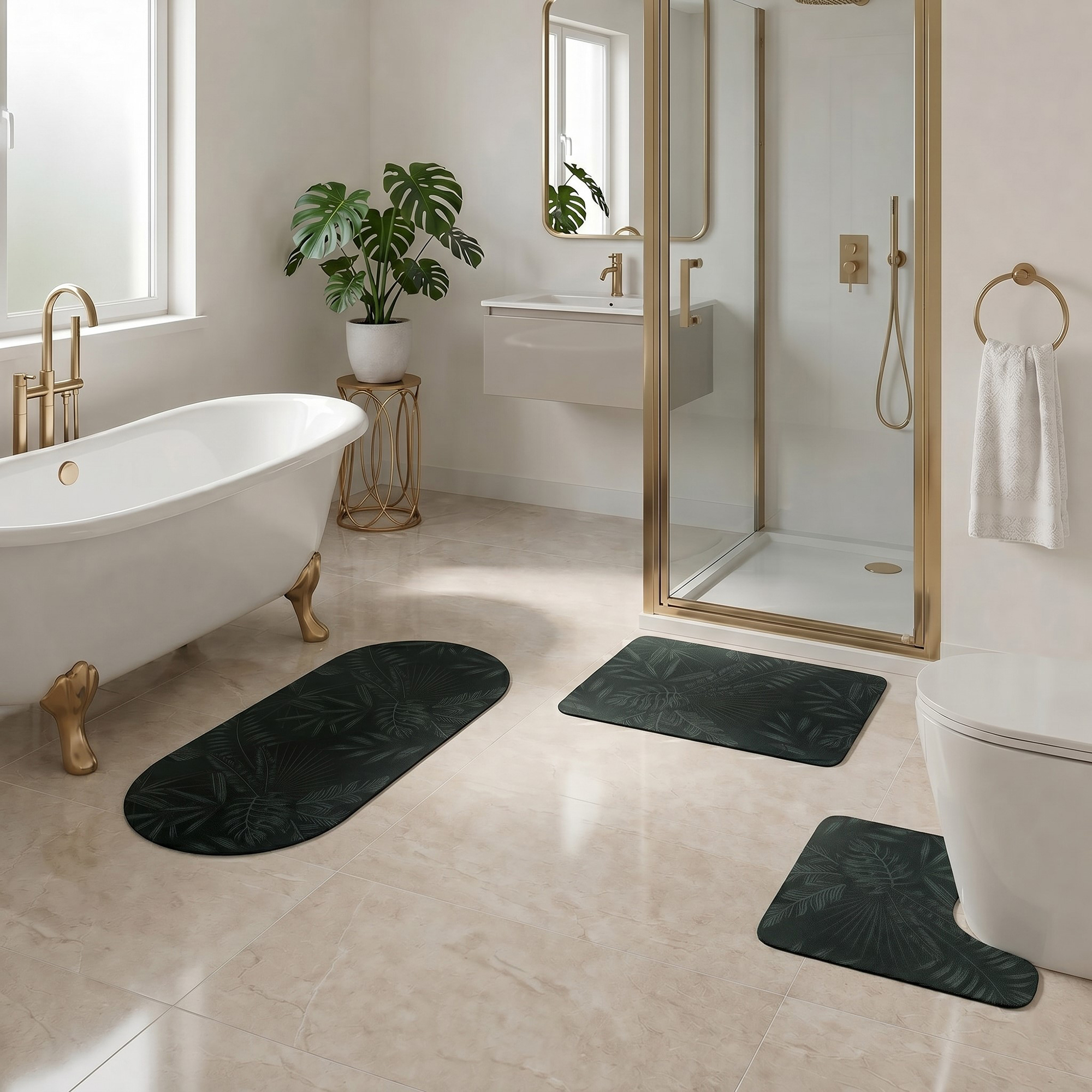 Tropical Night 3-piece bath mat set styled in luxury bathroom with clawfoot tub, gold fixtures, and walk-in shower