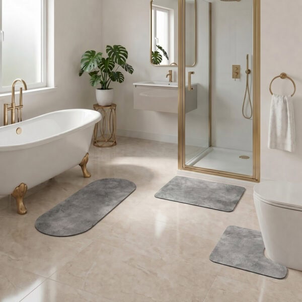 Urban Concrete 3-piece bath mat set styled in luxury bathroom with clawfoot tub, gold fixtures, and walk-in shower