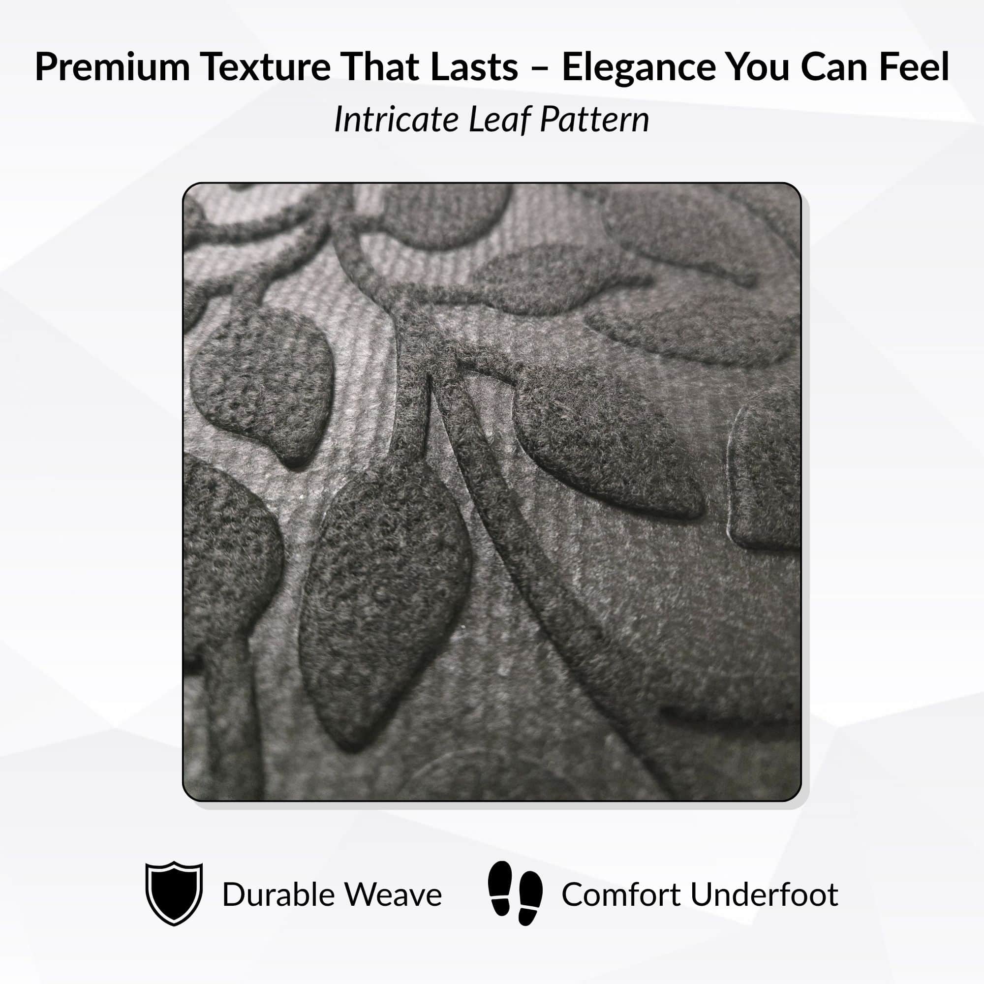 Close-up of embossed black leaf pattern texture on rubber surface