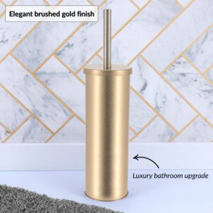 Elegant gold toilet brush set with marble tile wall and decorative label
