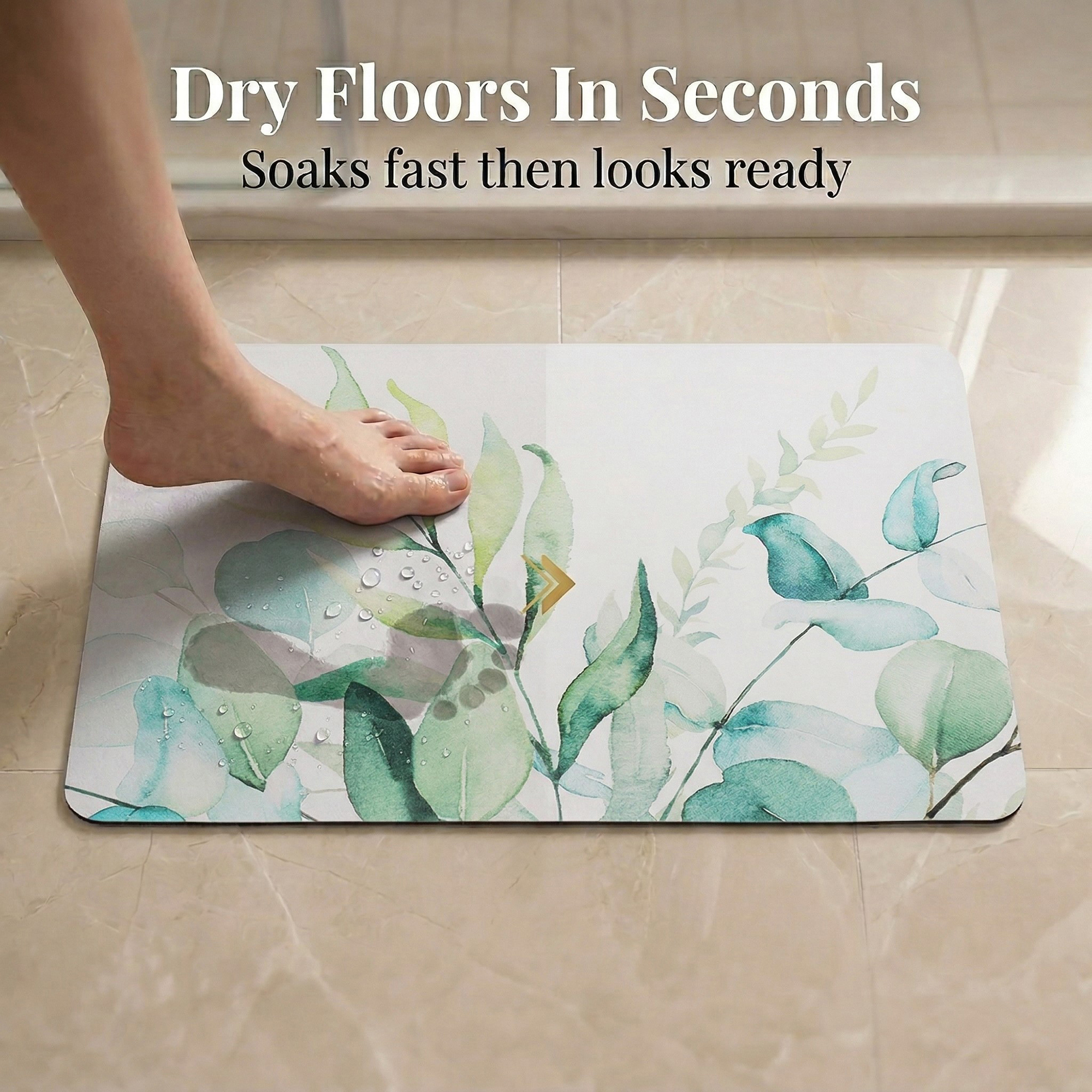 Foot stepping on Eucalyptus Mist bath mat showing "Dry Floors In Seconds" with water droplets