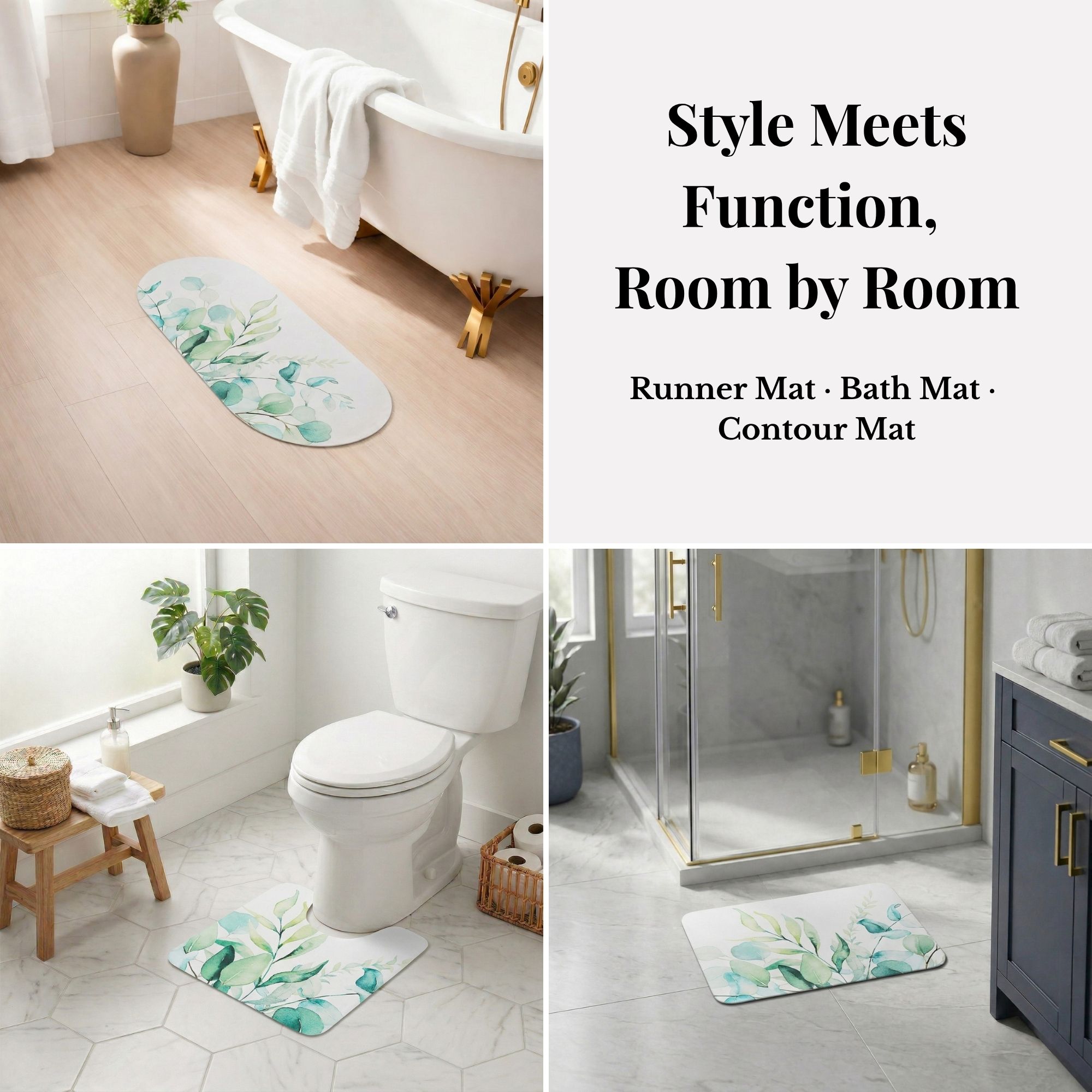 Eucalyptus Mist bath mat set shown room by room: runner by tub, contour mat at toilet, bath mat by shower, "Style Meets Function, Room by Room"