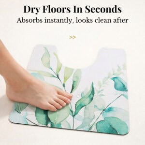 Foot stepping on Eucalyptus Mist contour mat showing "Dry Floors In Seconds, Absorbs instantly, looks clean after"