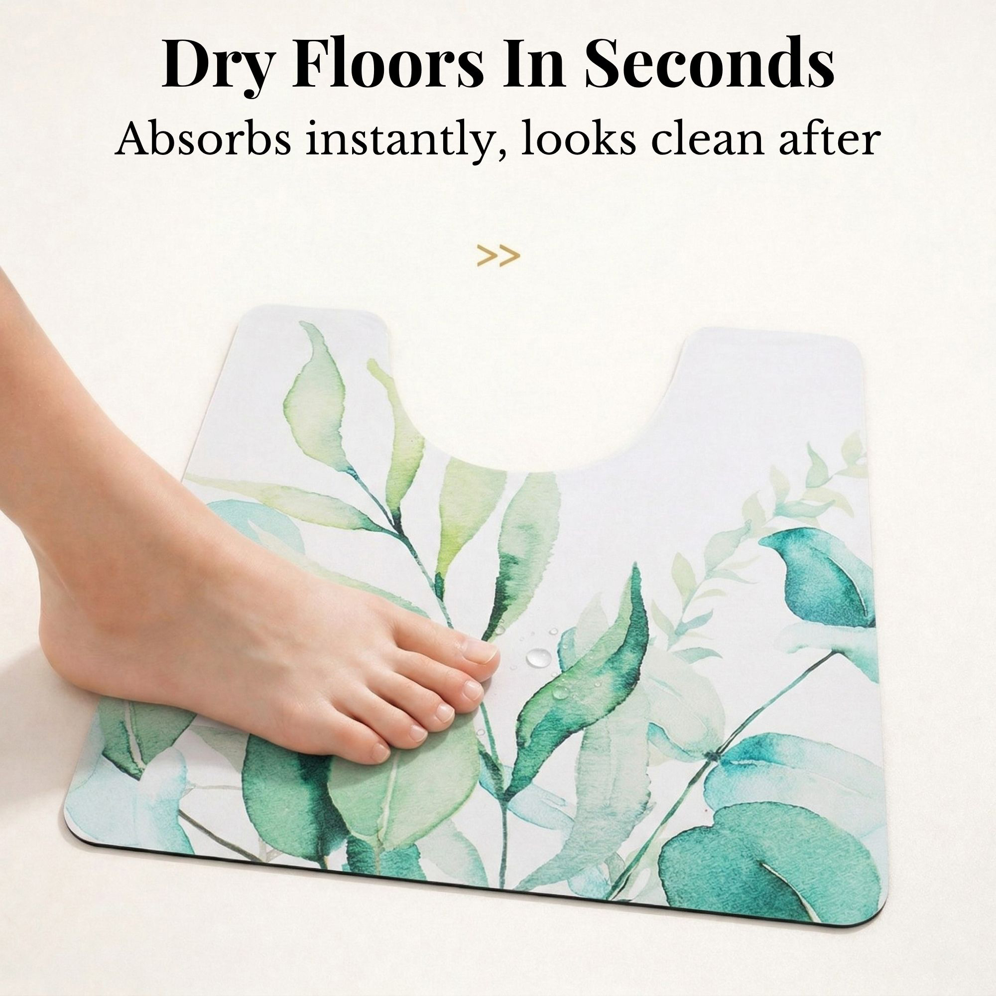 Foot stepping on Eucalyptus Mist contour mat showing "Dry Floors In Seconds, Absorbs instantly, looks clean after"