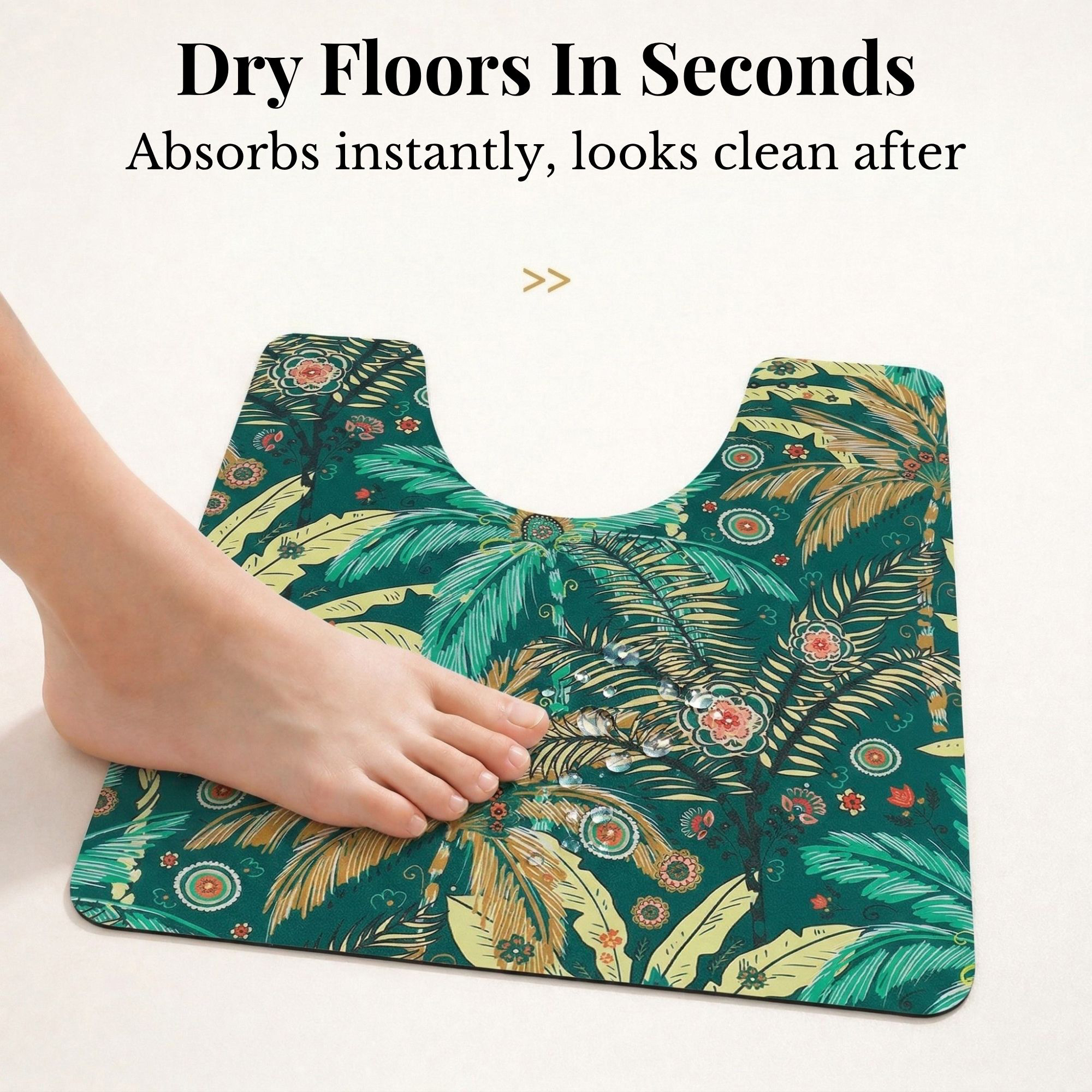 Foot stepping on Jungle Bloom contour mat showing "Dry Floors In Seconds, Absorbs instantly, looks clean after"