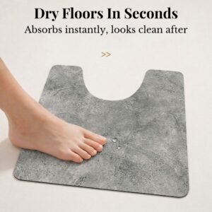 Foot stepping on Urban Concrete contour mat showing "Dry Floors In Seconds, Absorbs instantly, looks clean after"
