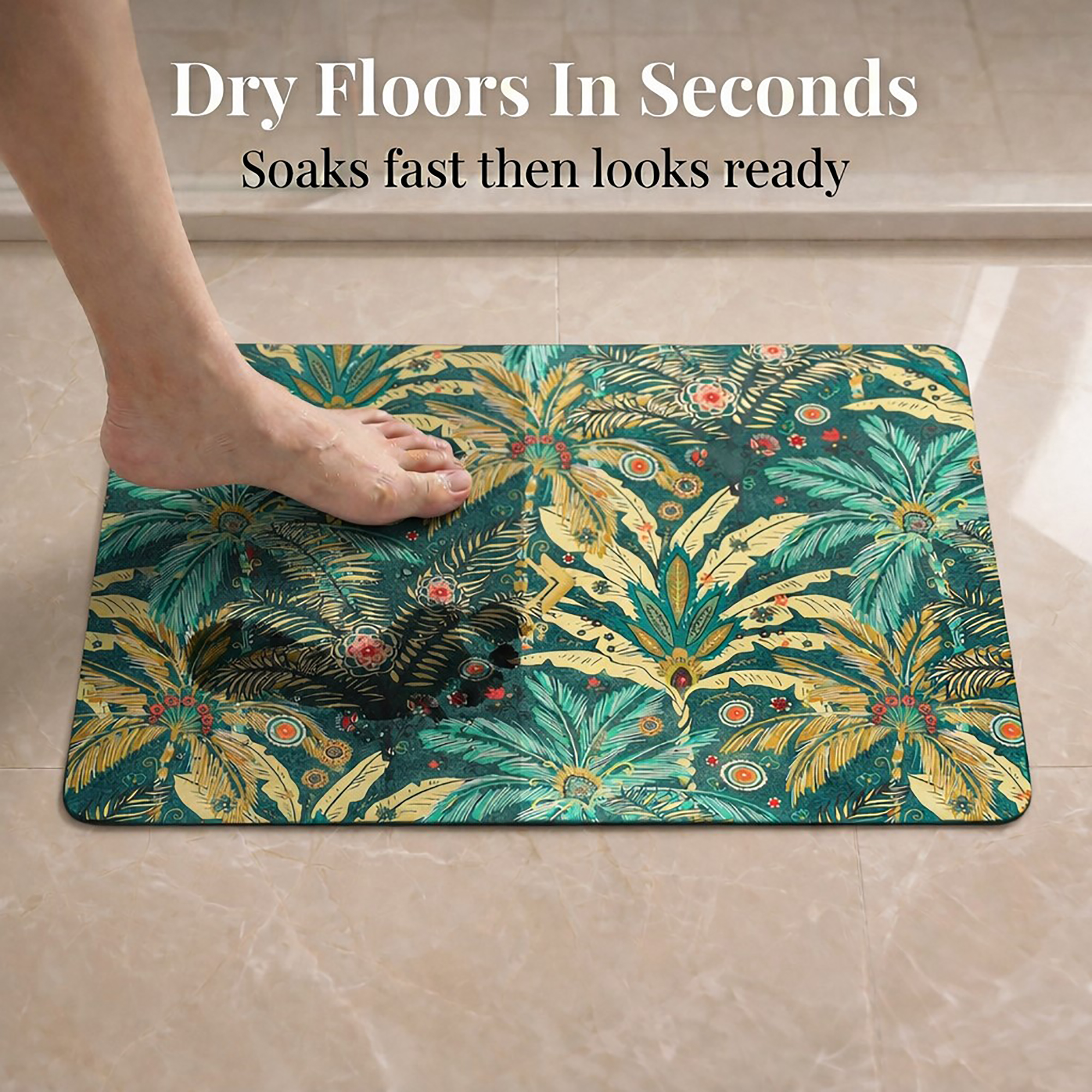 Foot stepping on Jungle Bloom bath mat showing "Dry Floors In Seconds" with water droplets