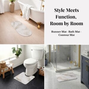 Marble Vein bath mat set shown room by room: runner by tub, contour mat at toilet, bath mat by shower, "Style Meets Function, Room by Room"