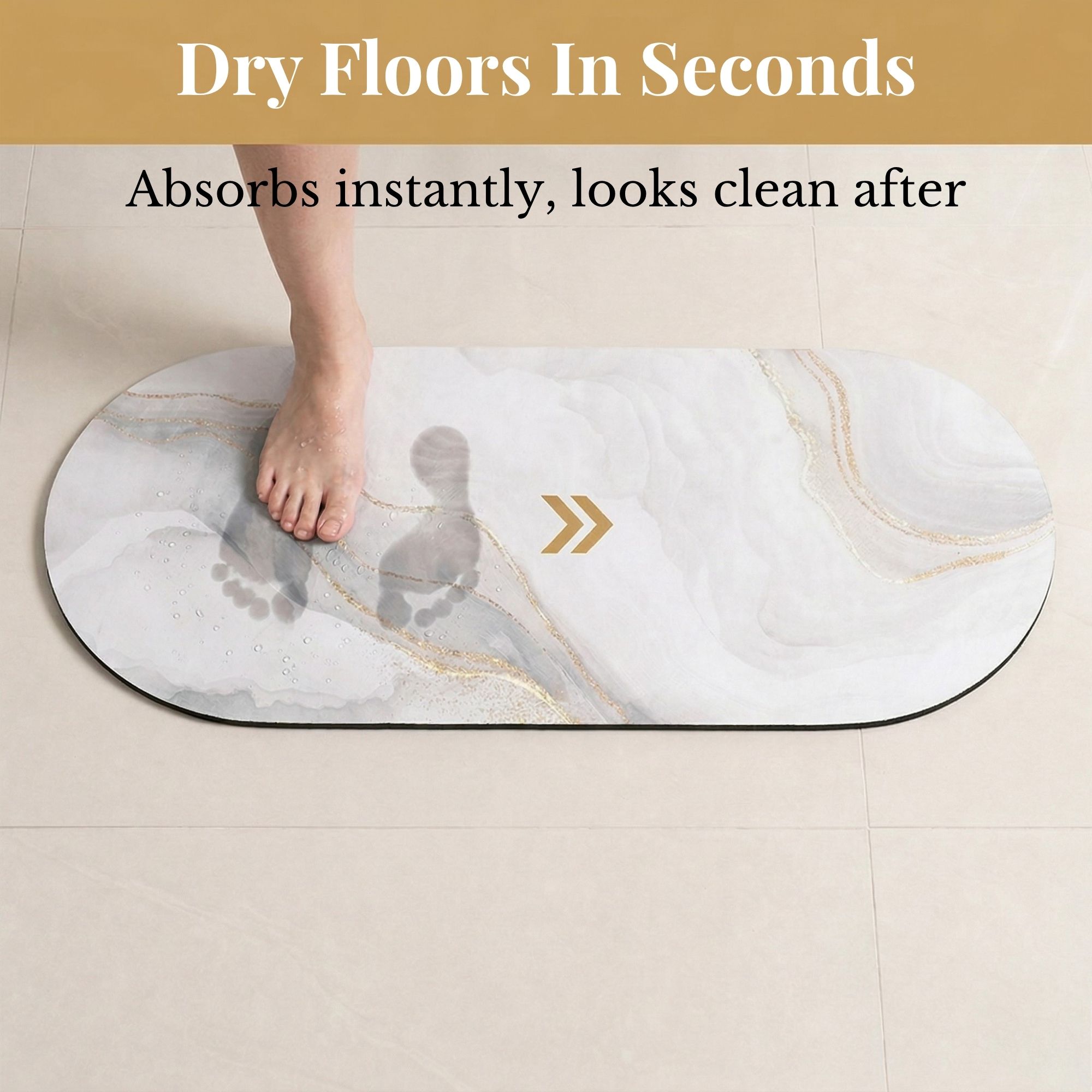 Foot stepping on Marble Vein bath mat runner showing "Dry Floors In Seconds, Absorbs instantly, looks clean after"