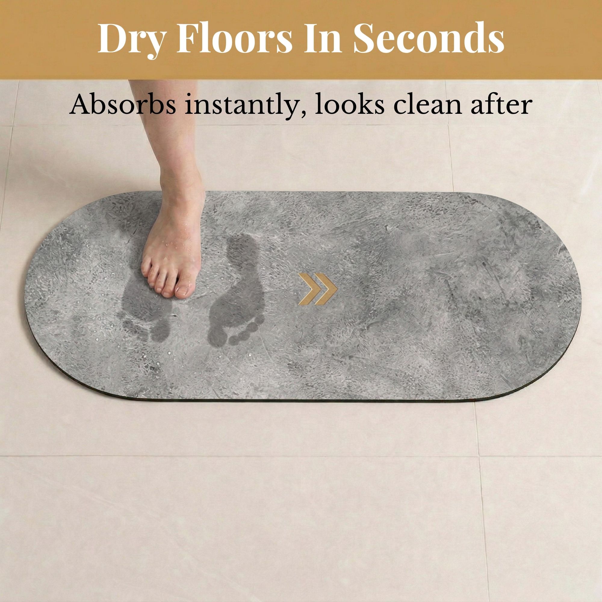 Foot stepping on Urban Concrete bath mat runner showing "Dry Floors In Seconds, Absorbs instantly, looks clean after"