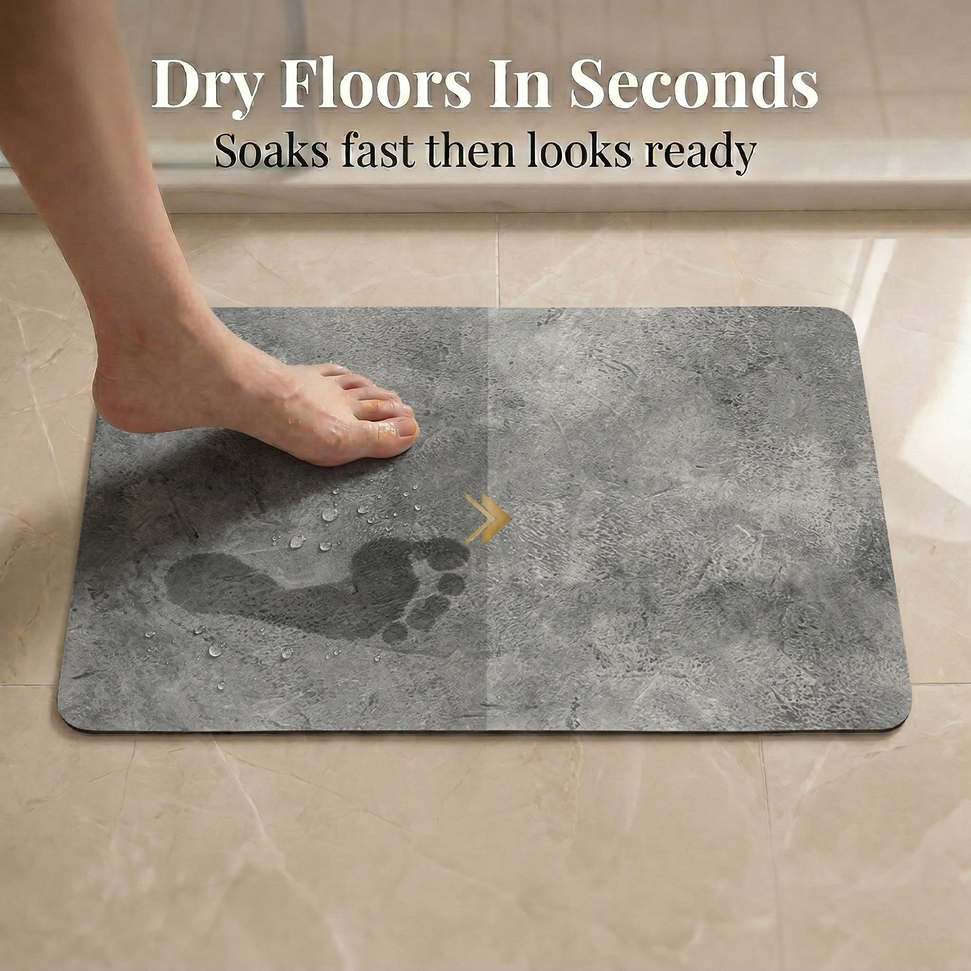 Foot stepping on Urban Concrete bath mat showing "Dry Floors In Seconds" with water droplets