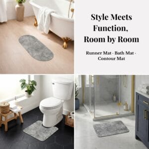 Urban Concrete bath mat set shown room by room: runner by tub, contour mat at toilet, bath mat by shower, "Style Meets Function, Room by Room"