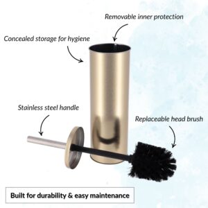 Toilet brush with labeled features including removable liner and replaceable brush head
