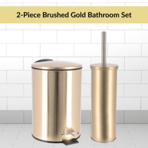 2-piece brushed gold bathroom set with trash can and toilet brush on tiled background