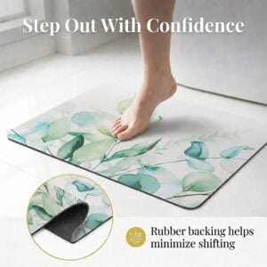 Eucalyptus Mist bath mat with rubber backing detail, "Step Out With Confidence"