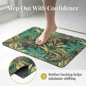 Jungle Bloom bath mat with rubber backing detail, "Step Out With Confidence"