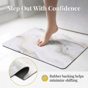 Marble Vein bath mat with rubber backing detail, "Step Out With Confidence"