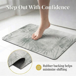 Bath mat with rubber backing detail, "Step Out With Confidence"